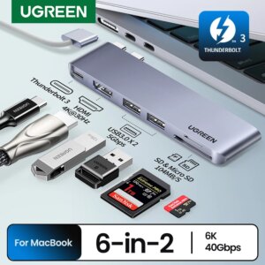 UGREEN HUB USB-C 6 in 2 da tipo C a Thunderbolt 3 4K HDMI SD e TF Adattatore USB 3.0