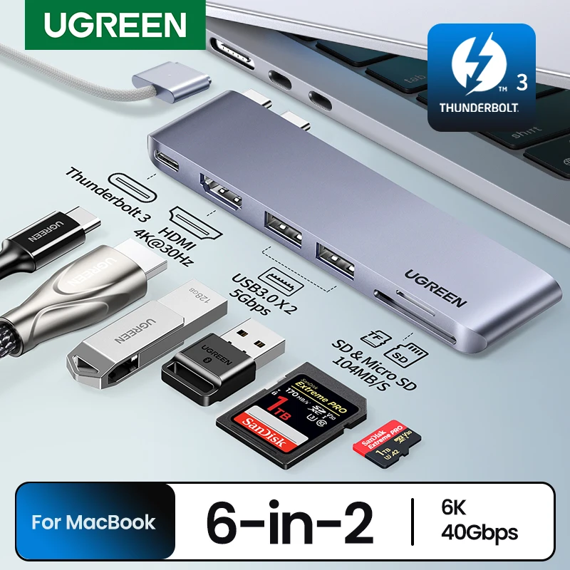 UGREEN HUB USB-C 6 in 2 da tipo C a Thunderbolt 3 4K HDMI SD e TF Adattatore USB 3.0