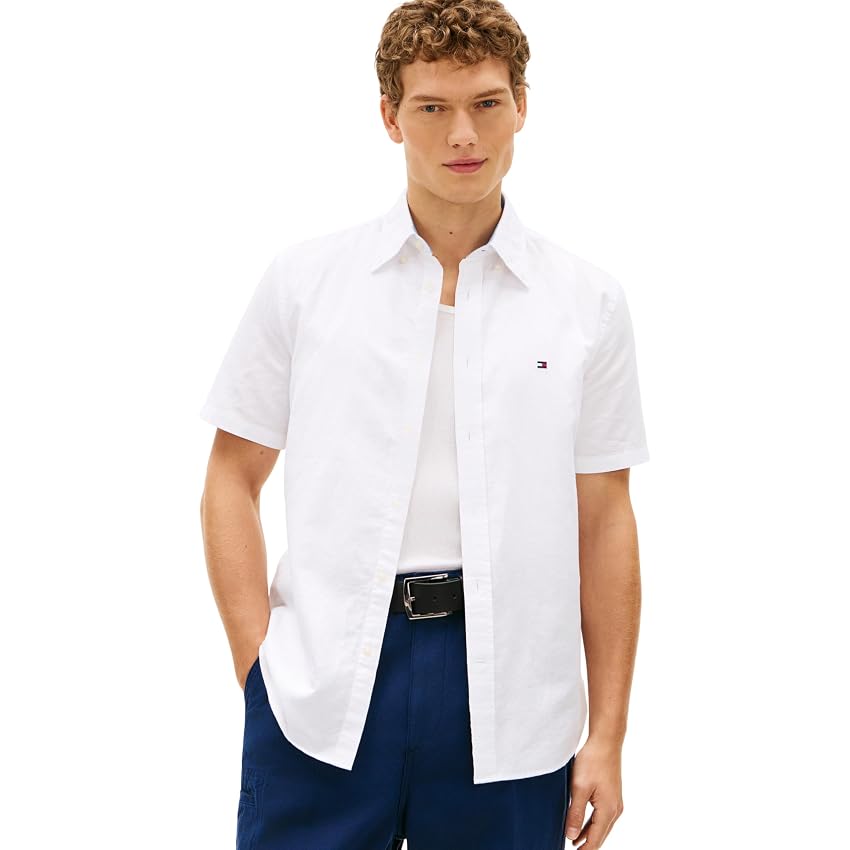 Tommy Hilfiger Uomo Camicia Linen Blend Solid Maniche Corte