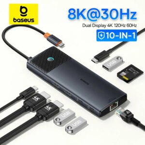Baseus USB C HUB Dual HDMI 8K 4K Adattatore 10-in-1 USB 3.2 10Gbps Splitter con RJ45