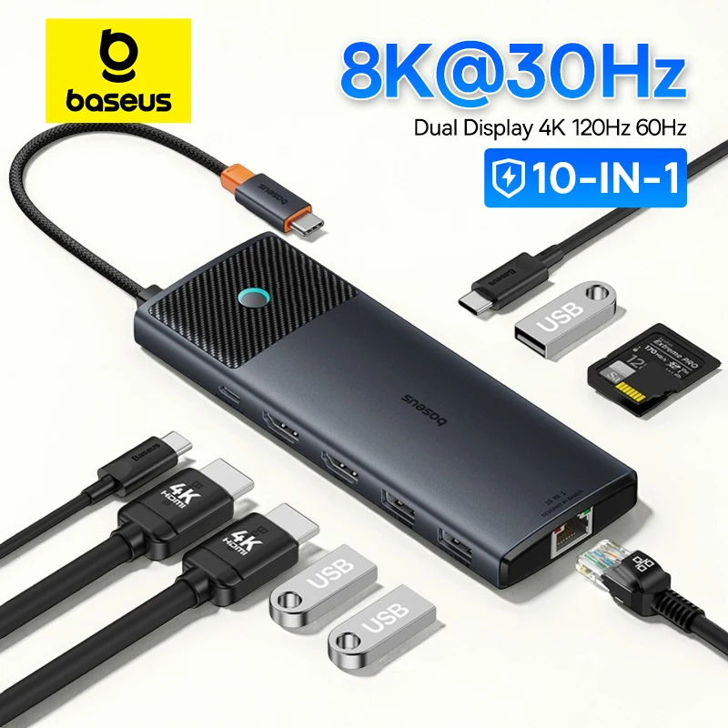 Baseus USB C HUB Dual HDMI 8K 4K Adattatore 10-in-1 USB 3.2 10Gbps Splitter con RJ45