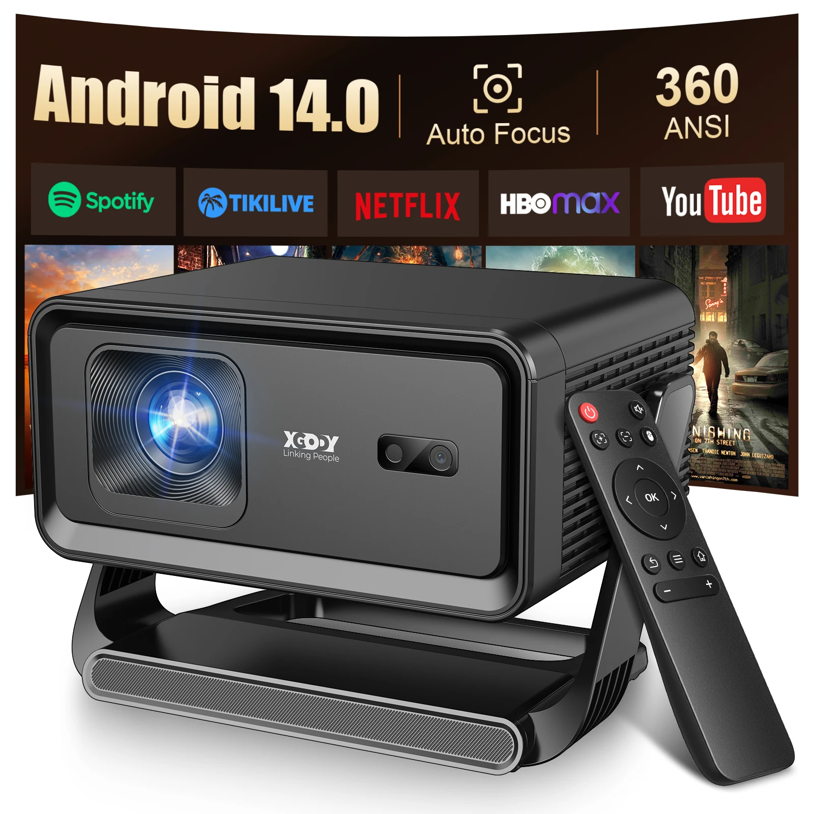 Proiettore XGODY Autofocus Android 14 4K 360ANSI 8K Nativo 720P Gimbal A1 con Wifi6