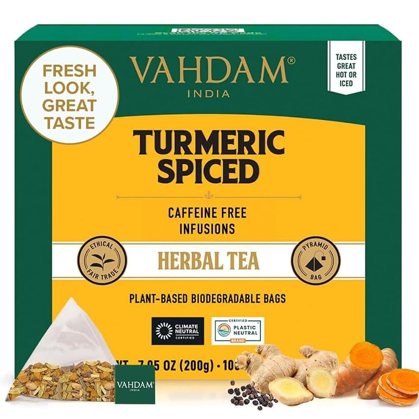 VAHDAM Tisana alla Curcuma e Spezie | 100 Filtri Piramidali | Senza Caffeina | Miscela con Cannella VAHDAM Tisana alla Curcuma e Spezie | 100 Filtri Piramidali | Senza Caffeina | Miscela con Cannella