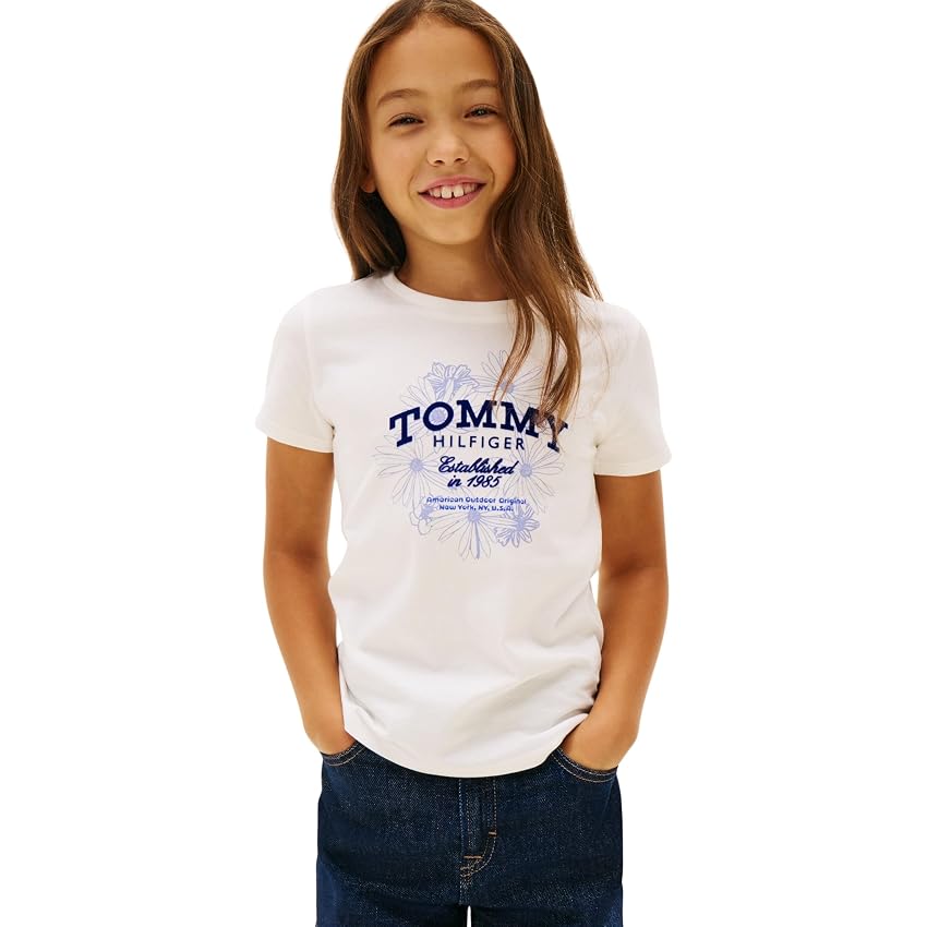 Tommy Hilfiger Bambina T-Shirt Maniche Corte Flower con Logo a Fiori