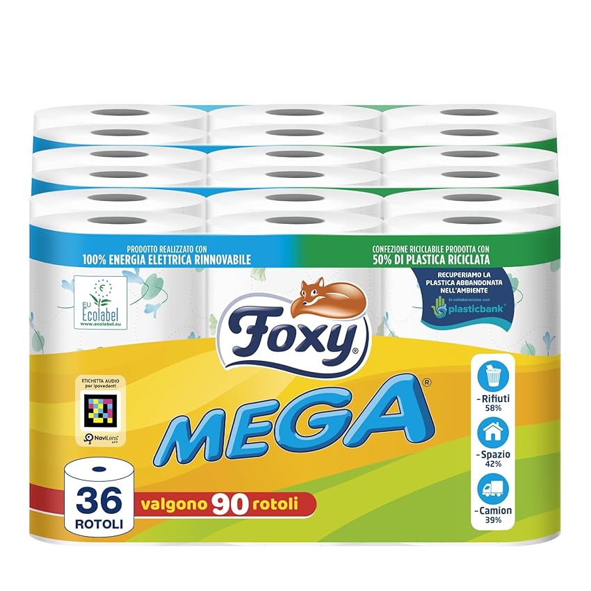 Foxy Mega | Carta igienica 36 rotoli| 480 strappi| Decorata |100% Energia elettrica Foxy Mega | Carta igienica 36 rotoli| 480 strappi| Decorata |100% Energia elettrica