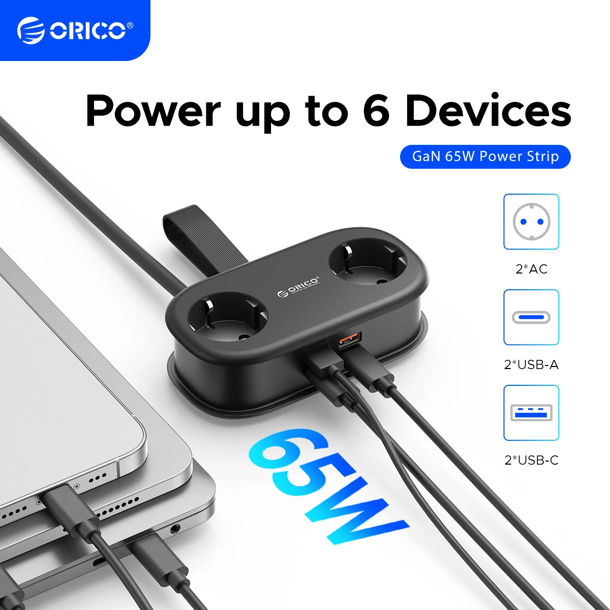 ORICO Spina UE GaN 65W Multipresa Prese 2AC 2 Porte USB 1 Tipo C Adattatore portatile