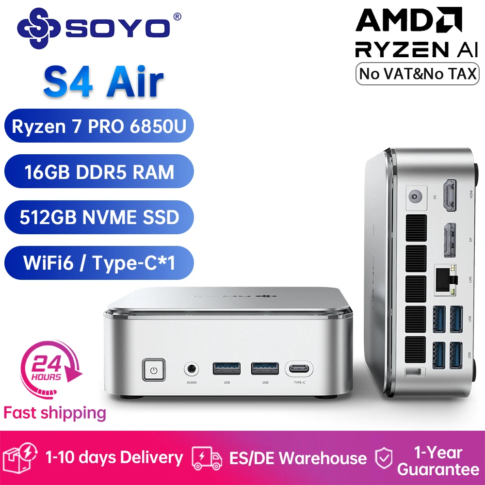 SOYO S4 Air Mini PC Gaming Ryzen 7 PRO 6850U 16GB DDR5 512GB PCle SSD Win11 Supporta SOYO S4 Air Mini PC Gaming Ryzen 7 PRO 6850U 16GB DDR5 512GB PCle SSD Win11 Supporta