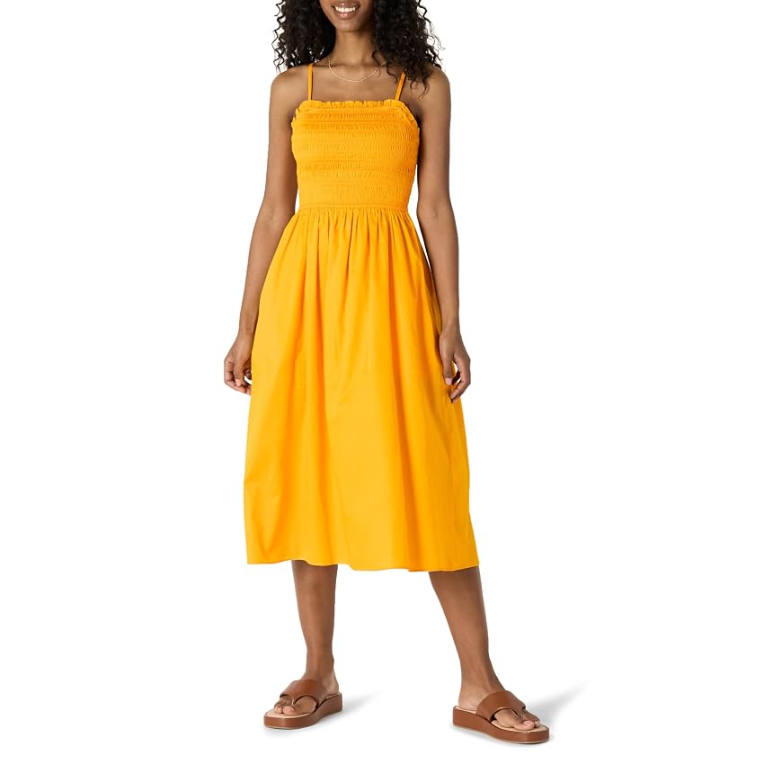 Amazon Essentials Abito con Corpetto Ricamato a Punto Smock in Raso di Cotone