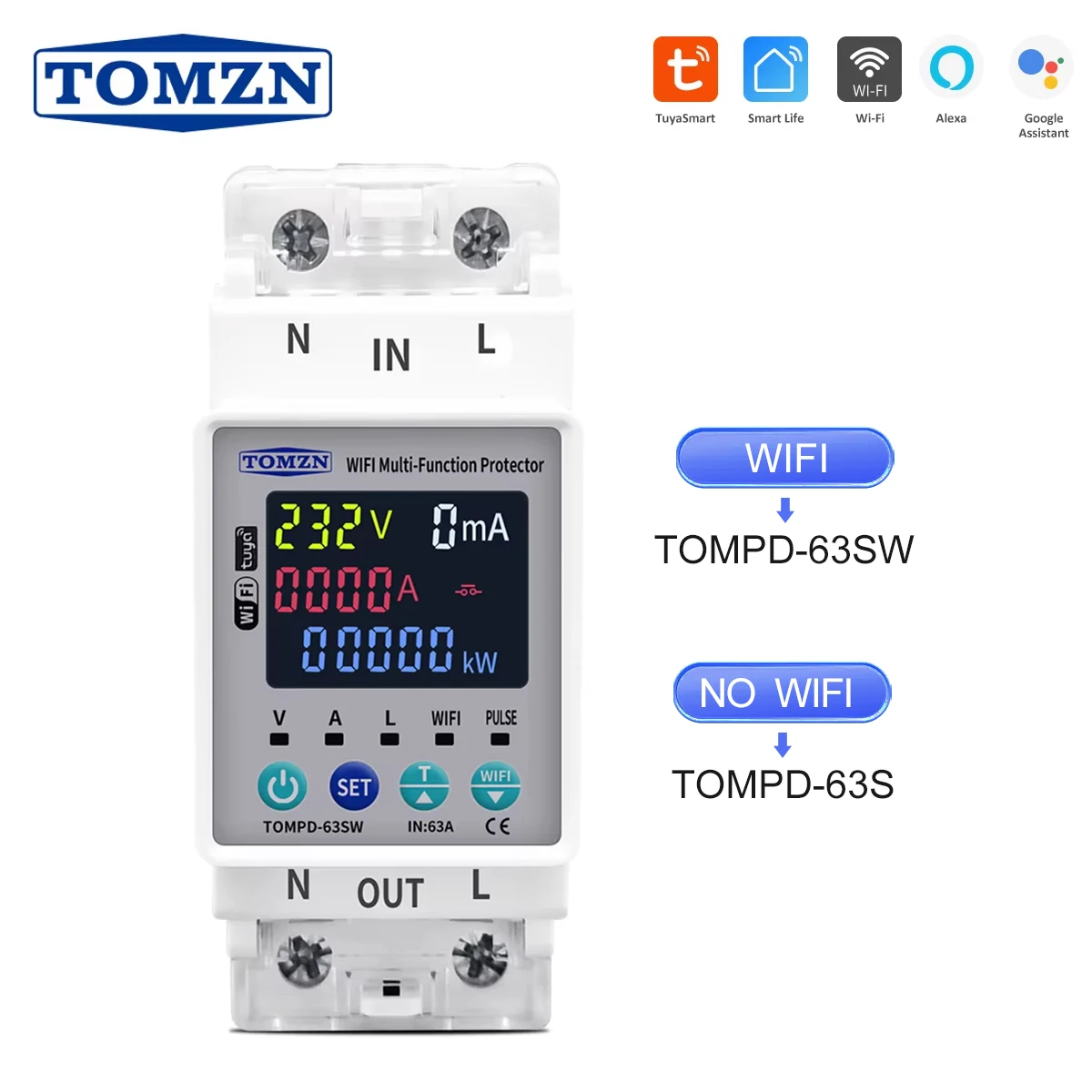 Interruttore WIFI Smart Life TOMZN 2P 63A 110V 220V con Misurazione kWh