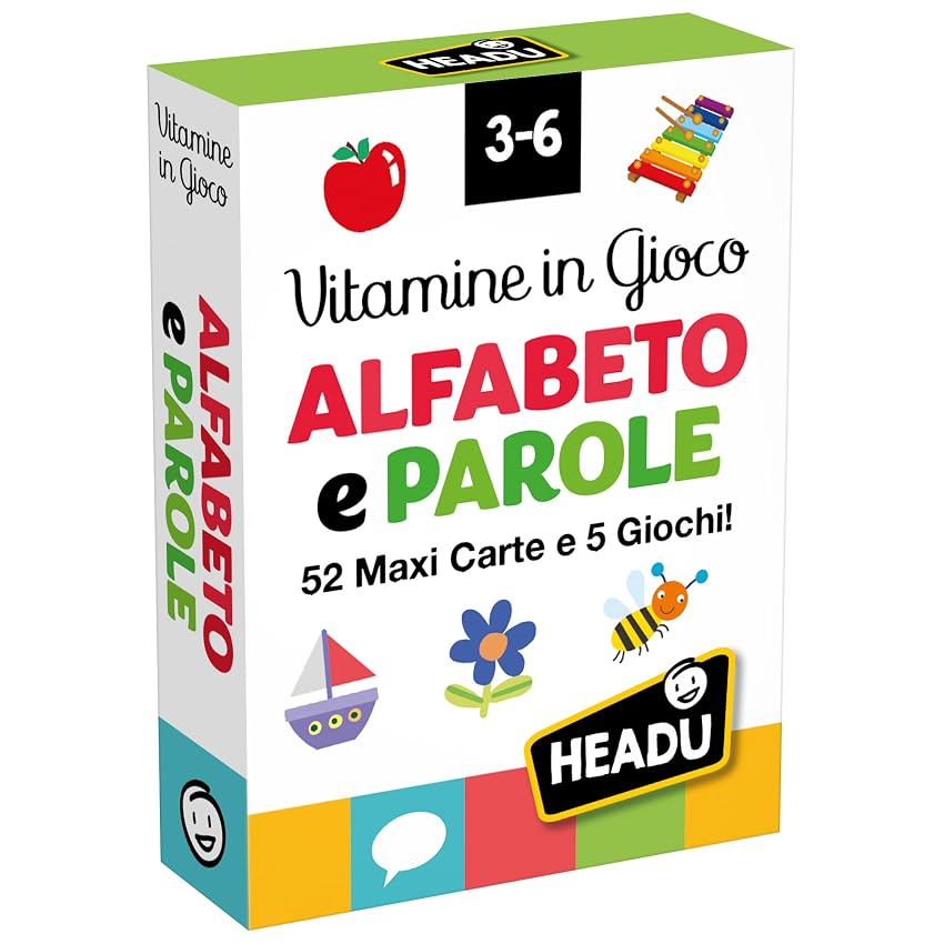 HEADU - Carte Vitamine in Gioco Alfabeto e Parole - 52 Maxi Cards e 5 Giochi Educativi