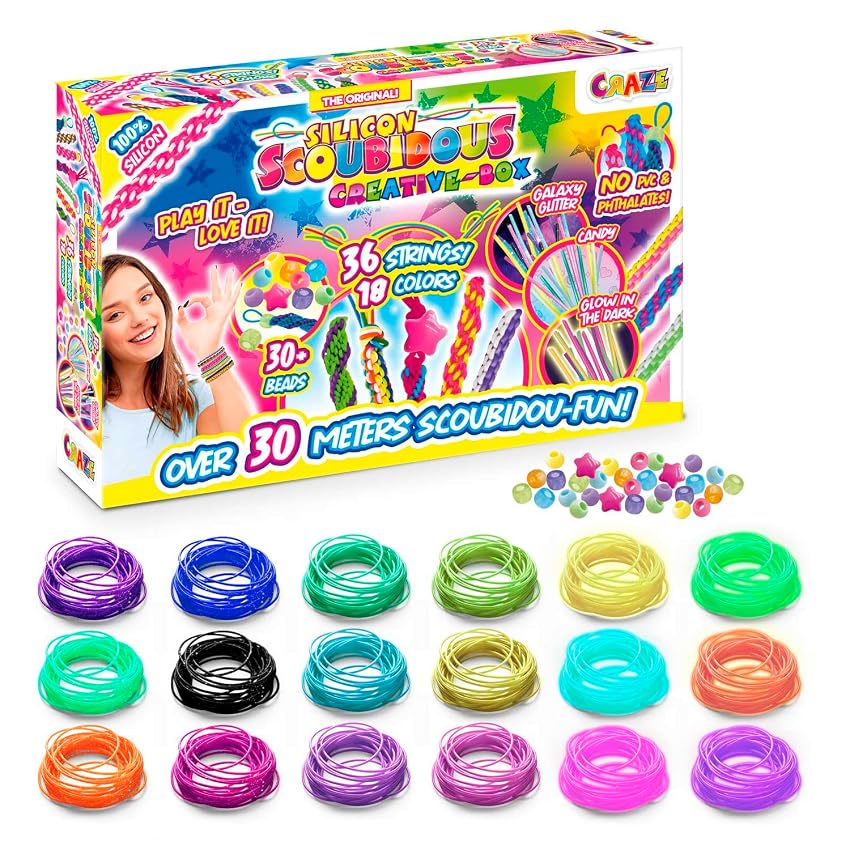 CRAZE SCOUBIDOU Scatola Creativa – 36 cordoncini in silicone + 30+ perline/charms – Kit fai