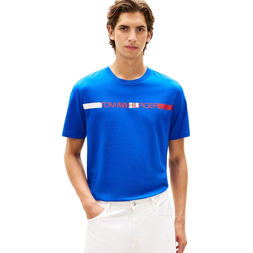 Tommy Hilfiger Uomo T-Shirt Maniche Corte Brand Love Stripe in Cotone