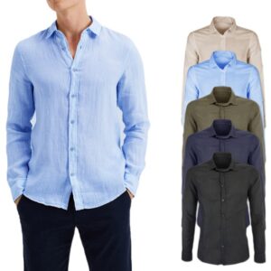 Camicia Lino Uomo Camicie Slim Fit Manica Lunga Casual Elegante VEQUE