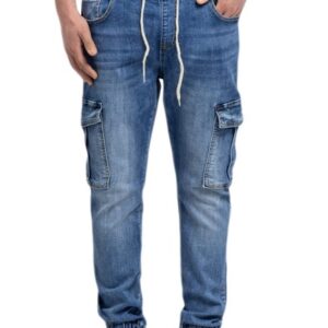 Jeans Uomo Cargo Tasconi Laterali Pantaloni Elasticizzati Con Molla Casual VEQUE