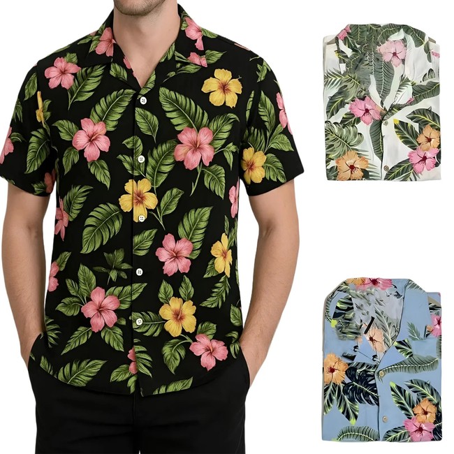 Set 3 Pezzi Camicia Fantasia Fiori Mezza Manica Uomo Camicie Regular Fit VEQUE