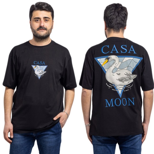 Shirt Uomo Stampa Cigno Cotone Elasticizzato Maglietta Mezza Manica Corta VEQUE