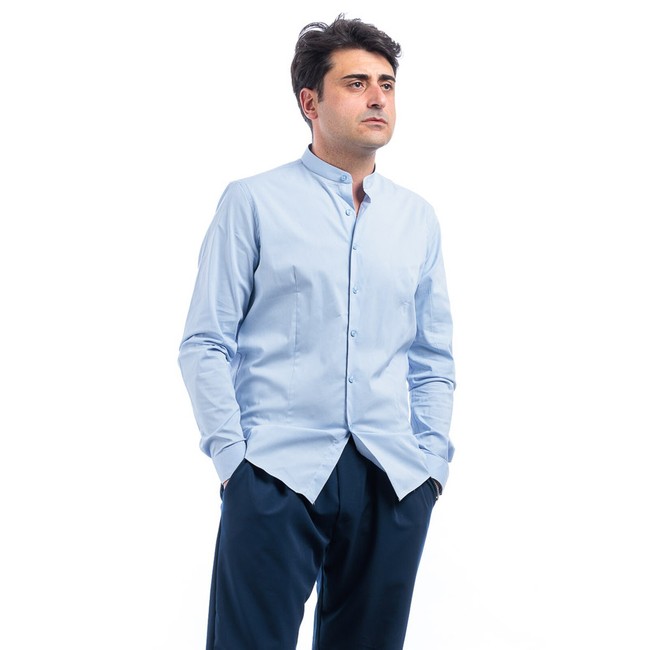 Camicia Uomo Cotone Bianca Nera Collo Coreana Casual Slim Fit Manica Lunga VEQUE