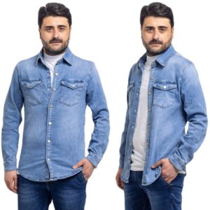 Camicia Uomo Di Jeans Cotone Elasticizzato Taschino Casual Sportivo VEQUE