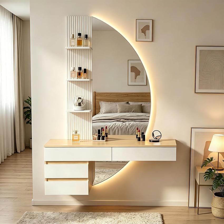 TRIUMPHKEY Tavolo da Trucco Sospeso con Luci LED e Specchio HD Dimmerabile