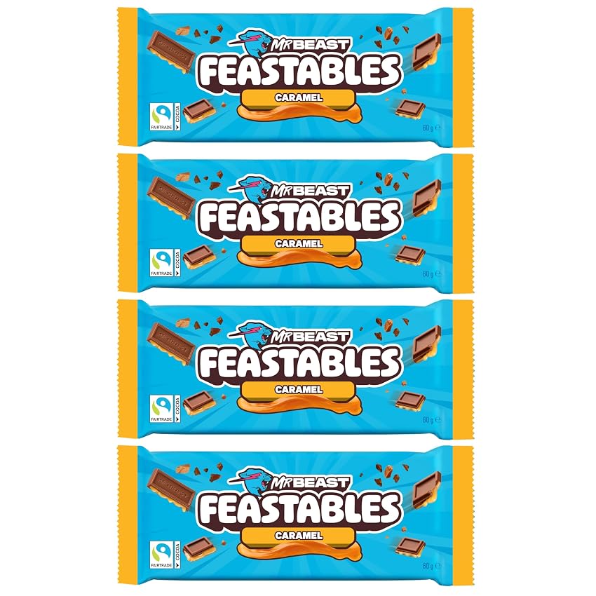 Feastables MrBeast Cioccolato 4 x 60g – Confezione Regalo – 240g (Caramel)