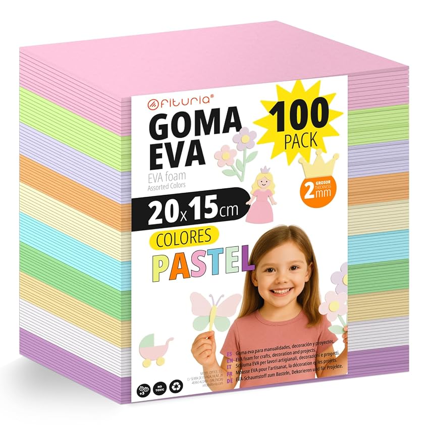 OFITURIA Confezione da 100 fogli di gomma EVA colori pastello