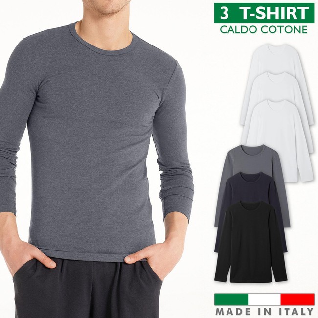 Set 3 T-Shirt Uomo Manica Lunga Caldo Cotone Maglia Felpata Inverno VEQUE