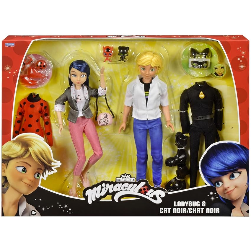 BANDAI – Miraculous – Confezione 2 bambole Marinette e Adrien con 2 abiti (Ladybug)