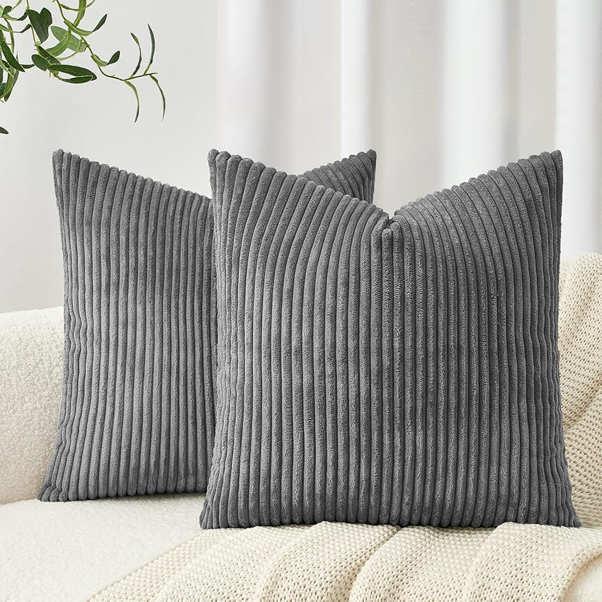 Topfinel Set di 2 Copricuscini 40x40 Grigio scuro a coste con motivo a righe Copricuscini