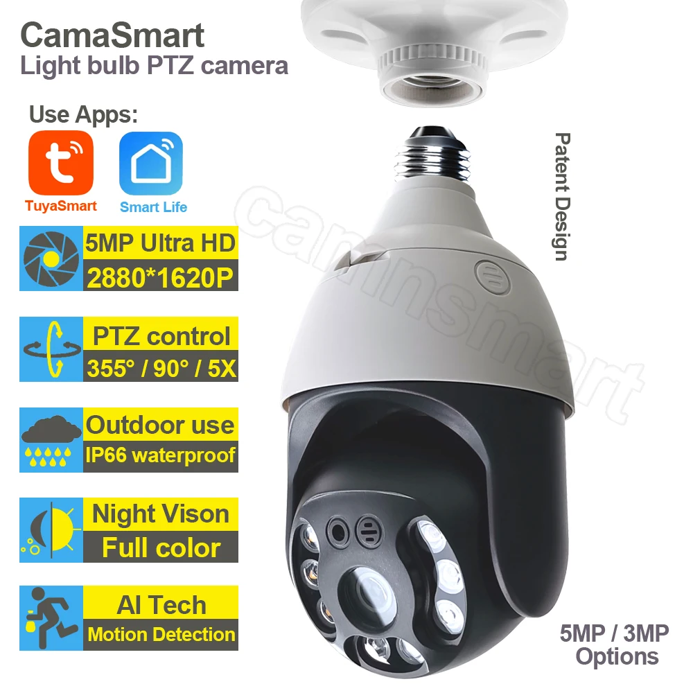 5MP Tuya E27 Lampadina Telecamera Esterna Wifi Esterna IP PTZ Vita Intelligente 256G