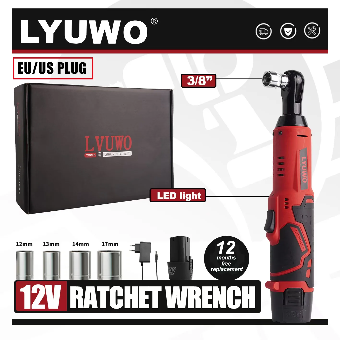 LYUWO Chiave elettrica ad angolo retto senza fili 12V 45NM Chiave a cricchetto da
