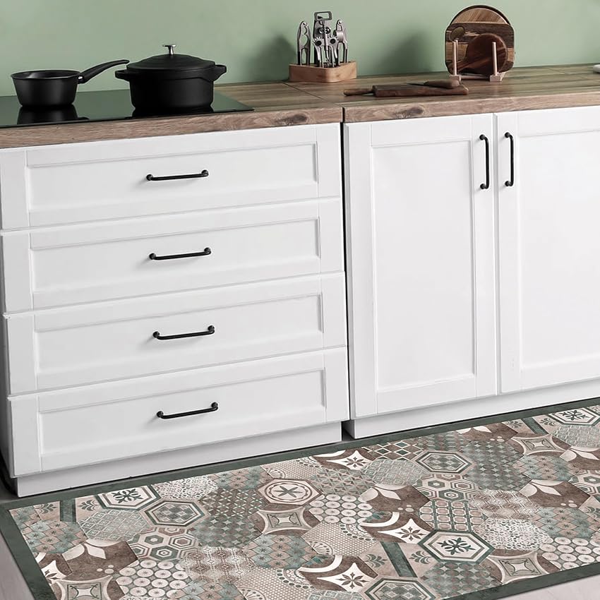 CREARREDA Tappeto cucina 120x50cm Hexagonal Green Tiles vinile antiscivolo e lavabile