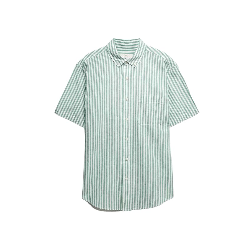 Marks & Spencer Camicia a Maniche Corte Regular Fit in Misto Lino Uomo Verde