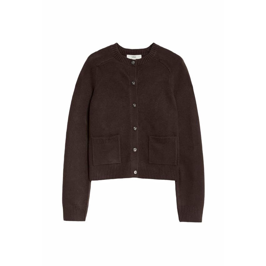 Marks & Spencer Cardigan Corto in Filato Air‑Yarn con Collo Giro e Bottoni Frontali da Donna Marrone