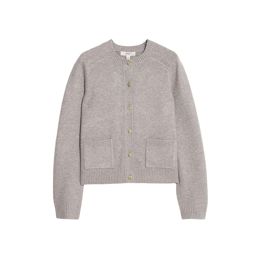 Marks & Spencer Cardigan Corto in Filato Air‑Yarn con Collo Giro e Bottoni Frontali da Donna Grigio
