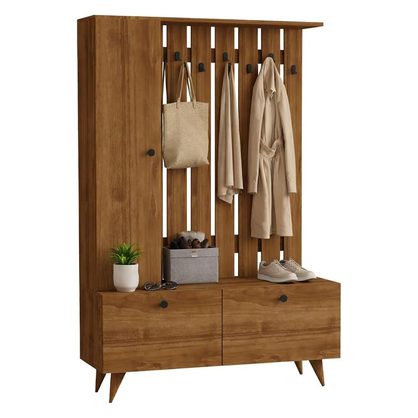 Dmora Mobile da Ingresso Kavaro 112x35x170h cm Marrone Noce Appendiabiti 6 Ripiani