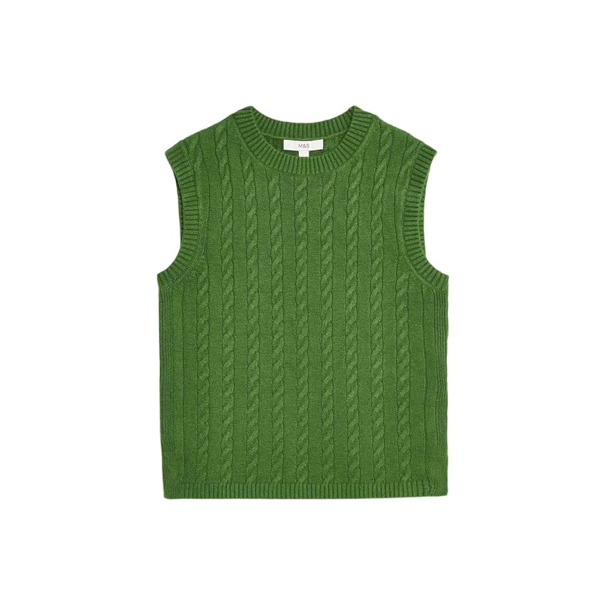 Marks & Spencer Gilet in Maglia a Treccia in Filato Air‑Yarn con Collo Giro da Donna Verde