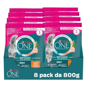 PURINA ONE Bifensis Crocchette per Gatti Adulti con Pollo e Cereali Integrali 8 Sacchi da 800g