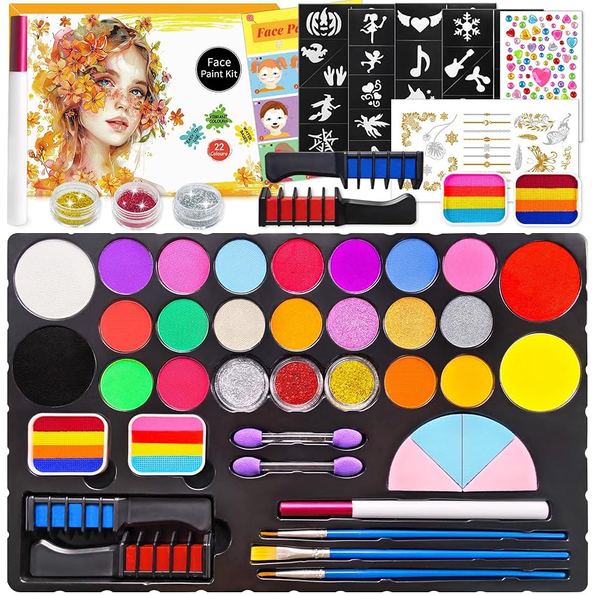 Mekkyes Truccabimbi Kit - 22 Colori Trucco Viso Bambini con 4 Colori Grandi e Adesivo per Tatuaggi