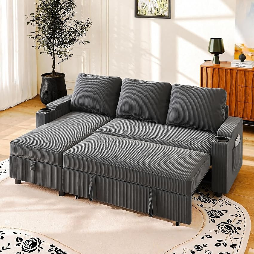 JUMMICO Divano Letto Angolare 3 Posti con Contenitore e Braccioli Multifunzione