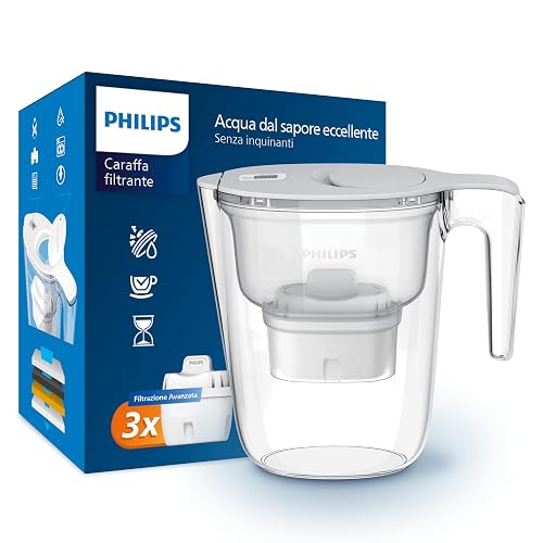 Philips Water Caraffa Filtrante + 3 Cartucce Filtranti di Ricambio