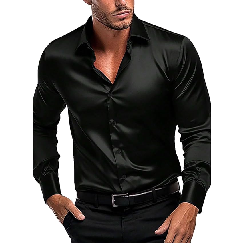 Generisch Camicia da uomo in tinta unita lucida in raso di seta con maniche lunghe elasticizzate