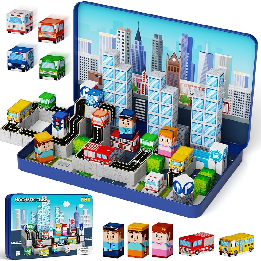 Gioco Magnetico Bambini Macchinine Città: 100 Pezzi Scatola Metallo 2 Bimbi
