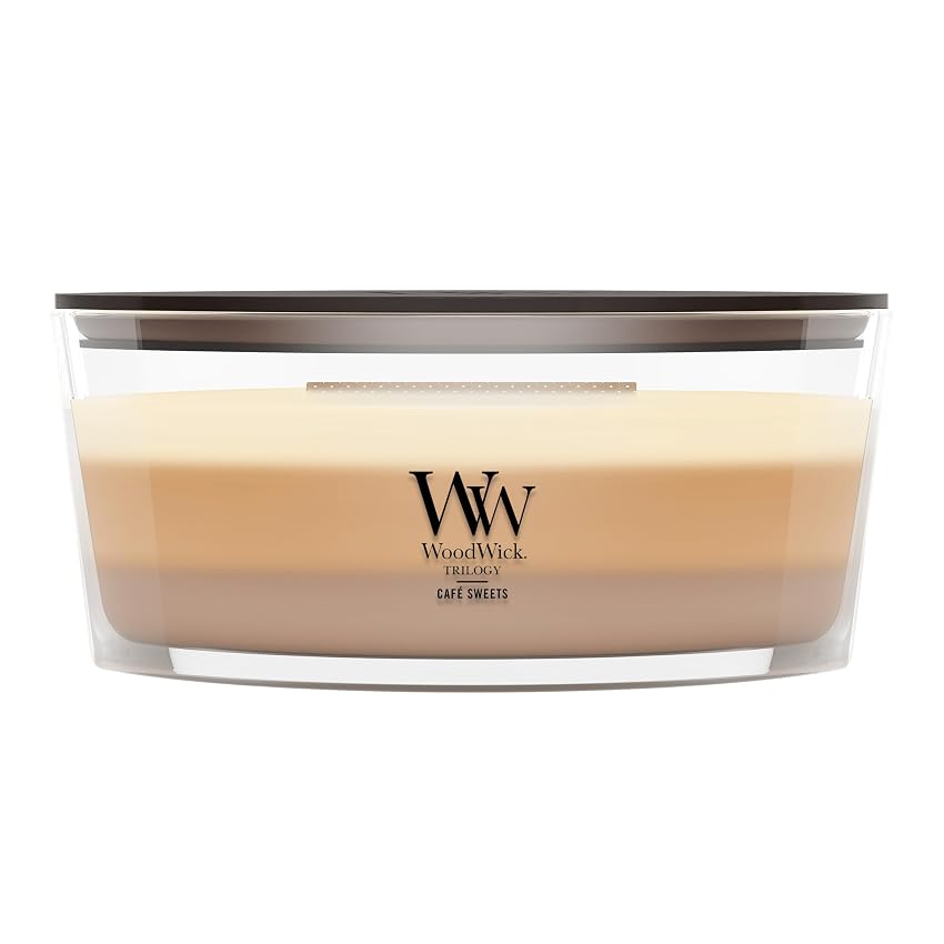 WoodWick Ellipse Trilogy candela profumata con fiamma HearthwickDolci al caffè